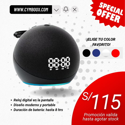 PARLANTE INTELIGENTE CON RELOJ DIGITAL COMPATIBLE CON APP "AMAZON ALEXA"