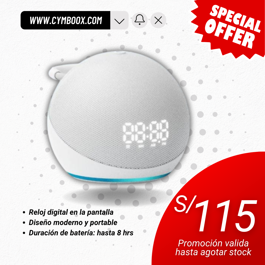 PARLANTE INTELIGENTE CON RELOJ DIGITAL COMPATIBLE CON APP "AMAZON ALEXA"