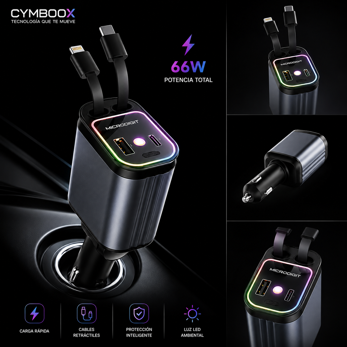 PowerDrive 66W - Cargador Inteligente 4 en 1 para Auto