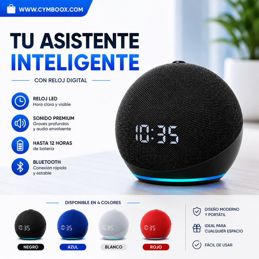 PARLANTE INTELIGENTE CON RELOJ DIGITAL COMPATIBLE CON APP "AMAZON ALEXA"