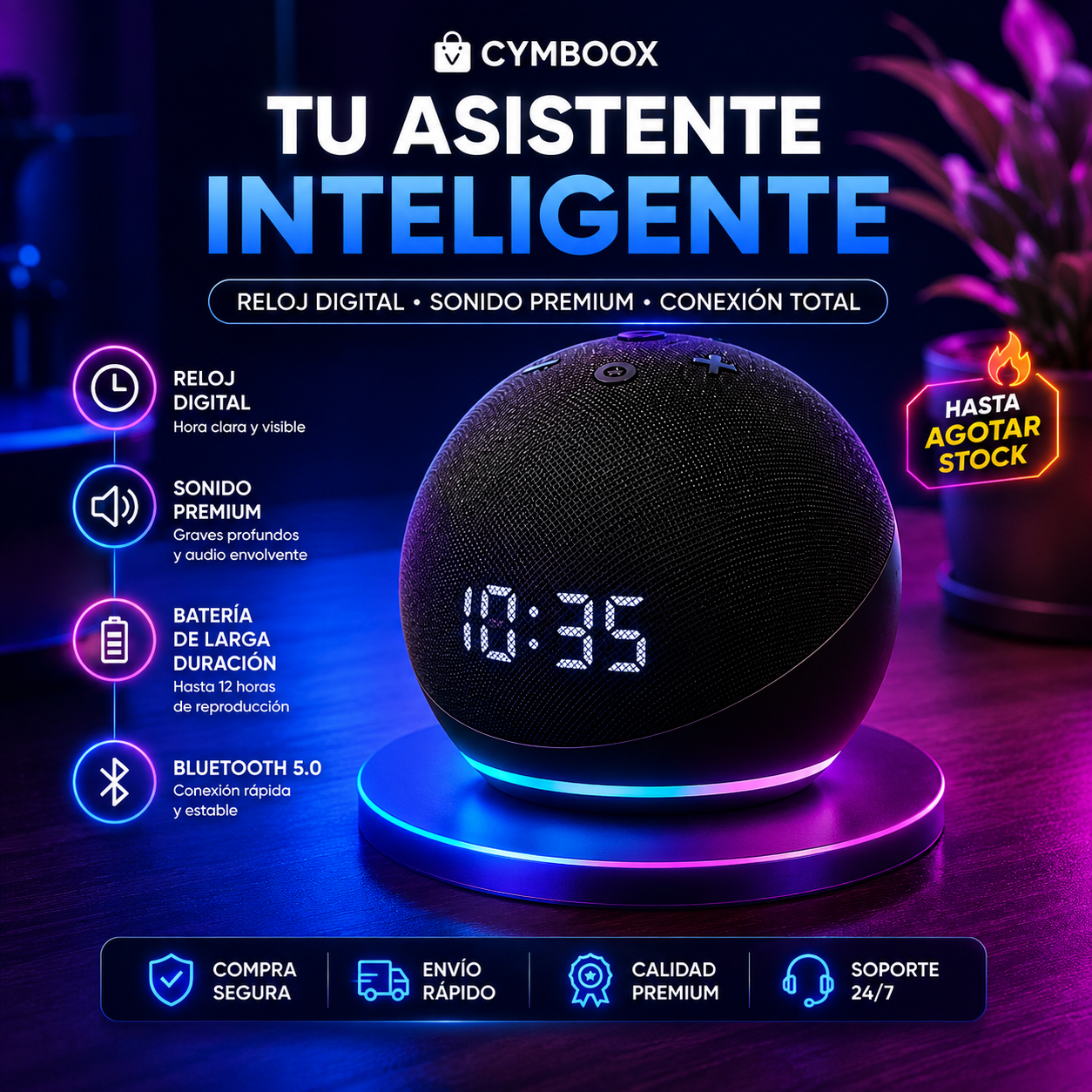 PARLANTE INTELIGENTE CON RELOJ DIGITAL COMPATIBLE CON APP "AMAZON ALEXA" - VS 2026