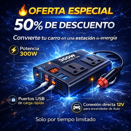 INVERSOR DE CORRIENTE 300W PARA CARRO 12V – Carga Laptop, Celular y Más en Cualquier Lugar