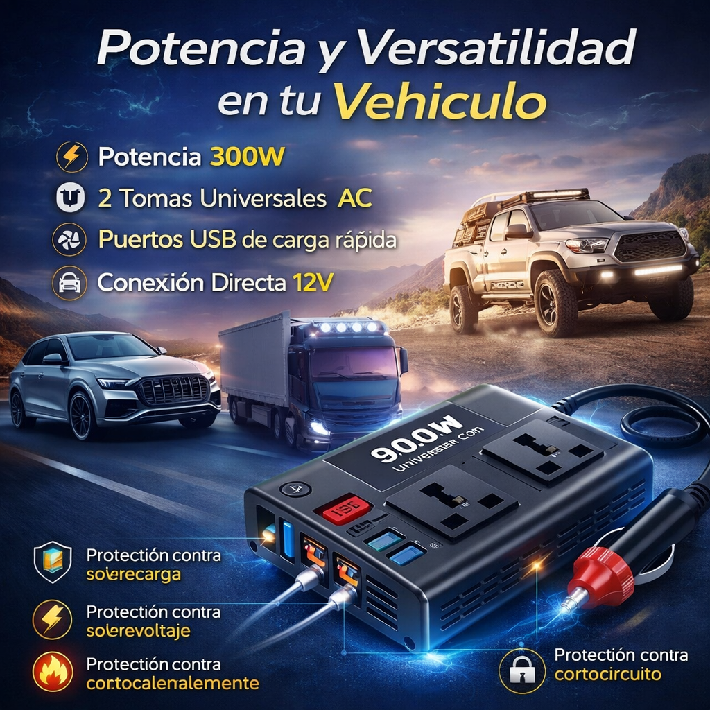 INVERSOR DE CORRIENTE 300W PARA CARRO 12V – Carga Laptop, Celular y Más en Cualquier Lugar