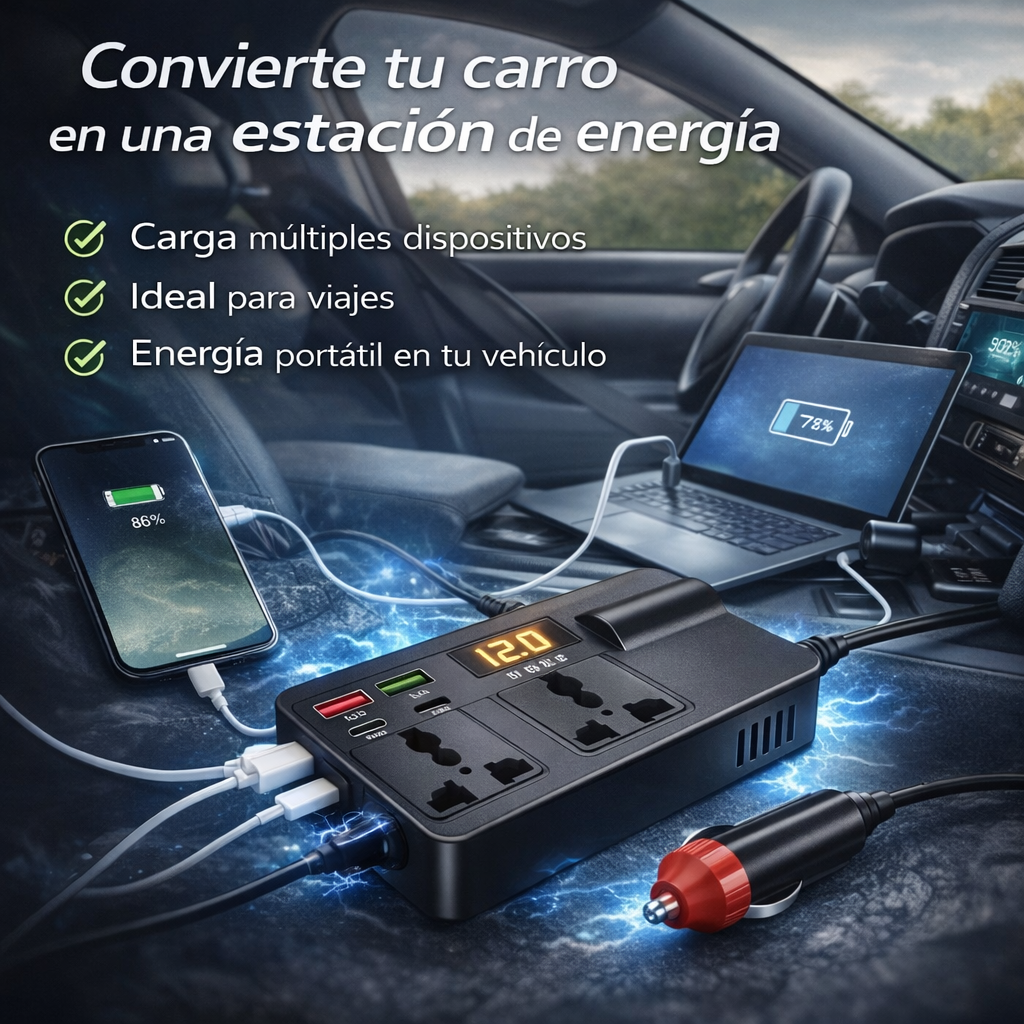 INVERSOR DE CORRIENTE 300W PARA CARRO 12V – Carga Laptop, Celular y Más en Cualquier Lugar