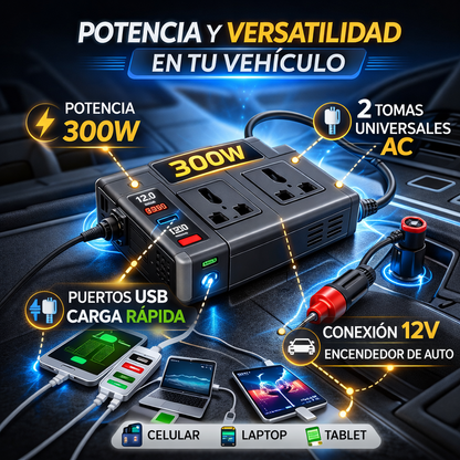 INVERSOR DE CORRIENTE 300W PARA CARRO 12V – Carga Laptop, Celular y Más en Cualquier Lugar
